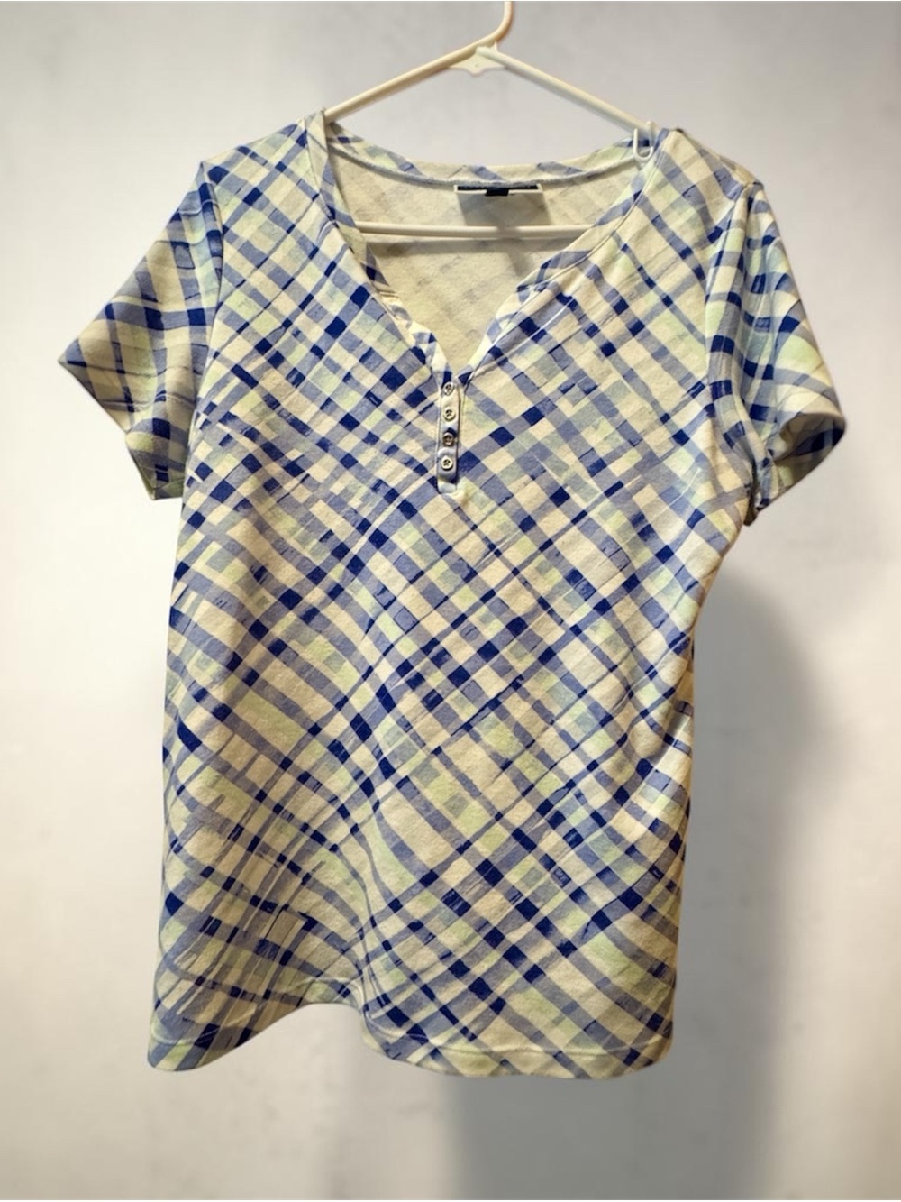 Karen Scott Blue and White Plaid Henley Top